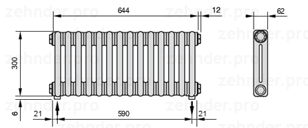 Схема (чертеж) Радиатор Zehnder Charleston 2030/14 №3570 Белый глянцевый RAL 9016
